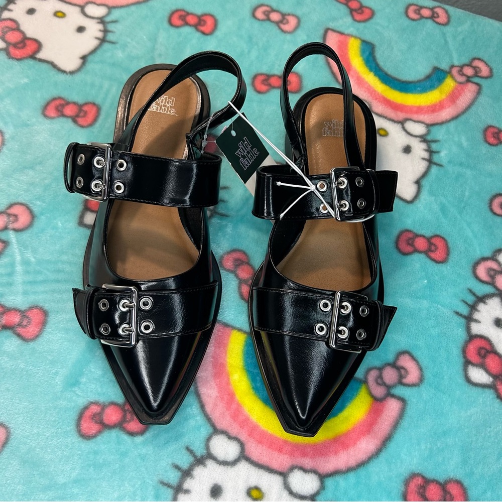 Size 7 Peyton Double Buckle black Slingback Flats by wild fable punk rock‎ fall